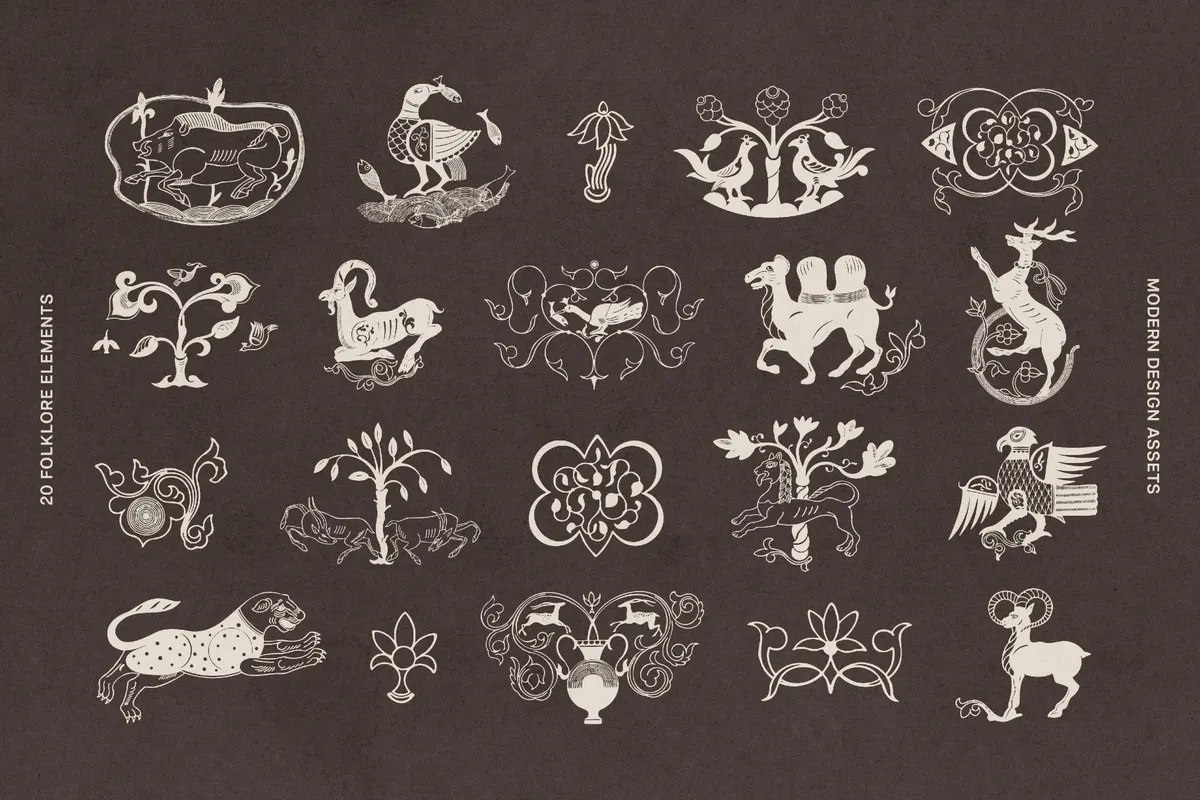 Animalist Folklore. 20 Folk Art Vector Elements