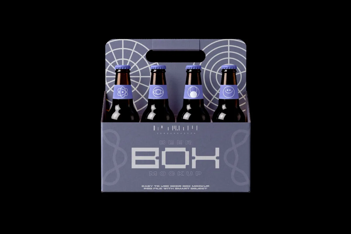 Beer Box Mockup with Four Bottles
