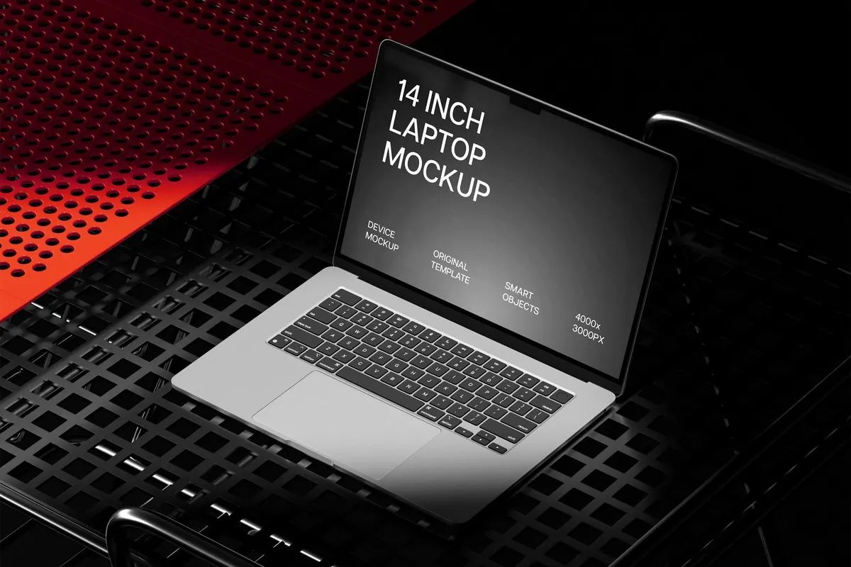 Overhead MacBook Pro 14 on Metal Grid