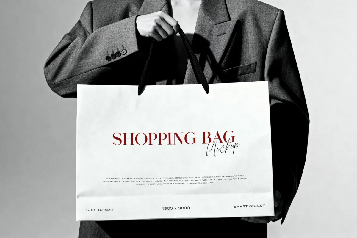 B&W Model Holding Shopping Bag Mockup