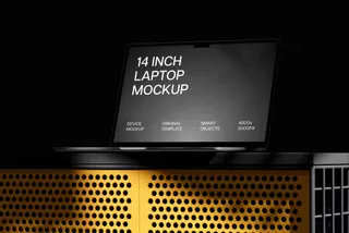 Angled MacBook Pro 14 on Yellow Panel
