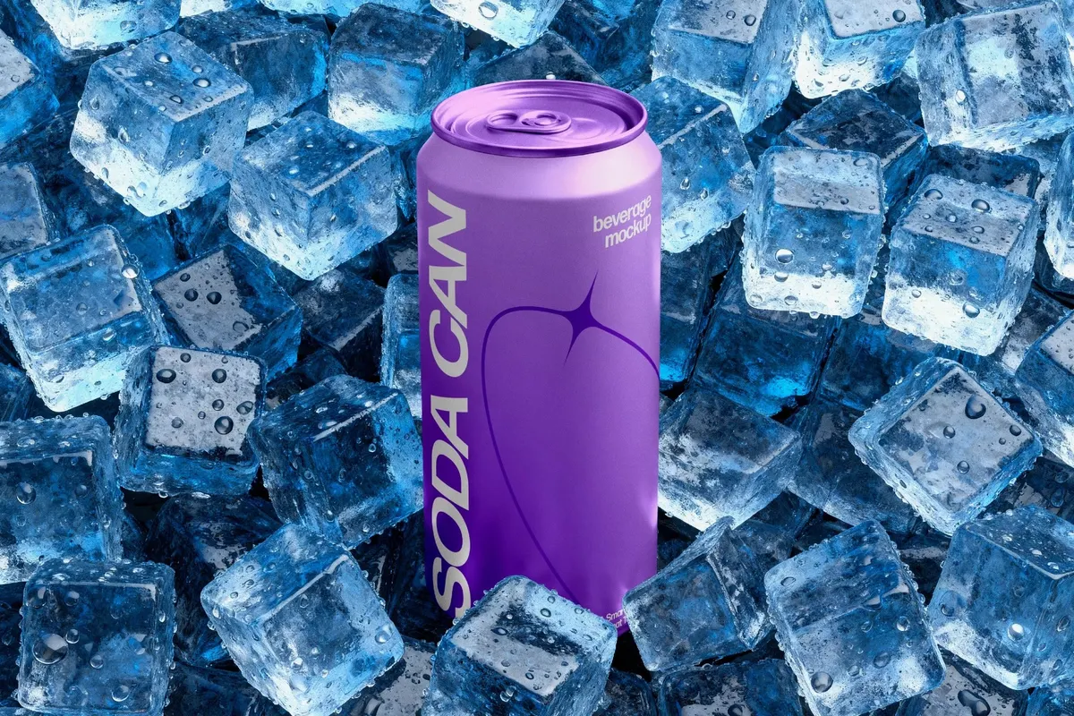 Soda Can Mockup with Ice Cubes