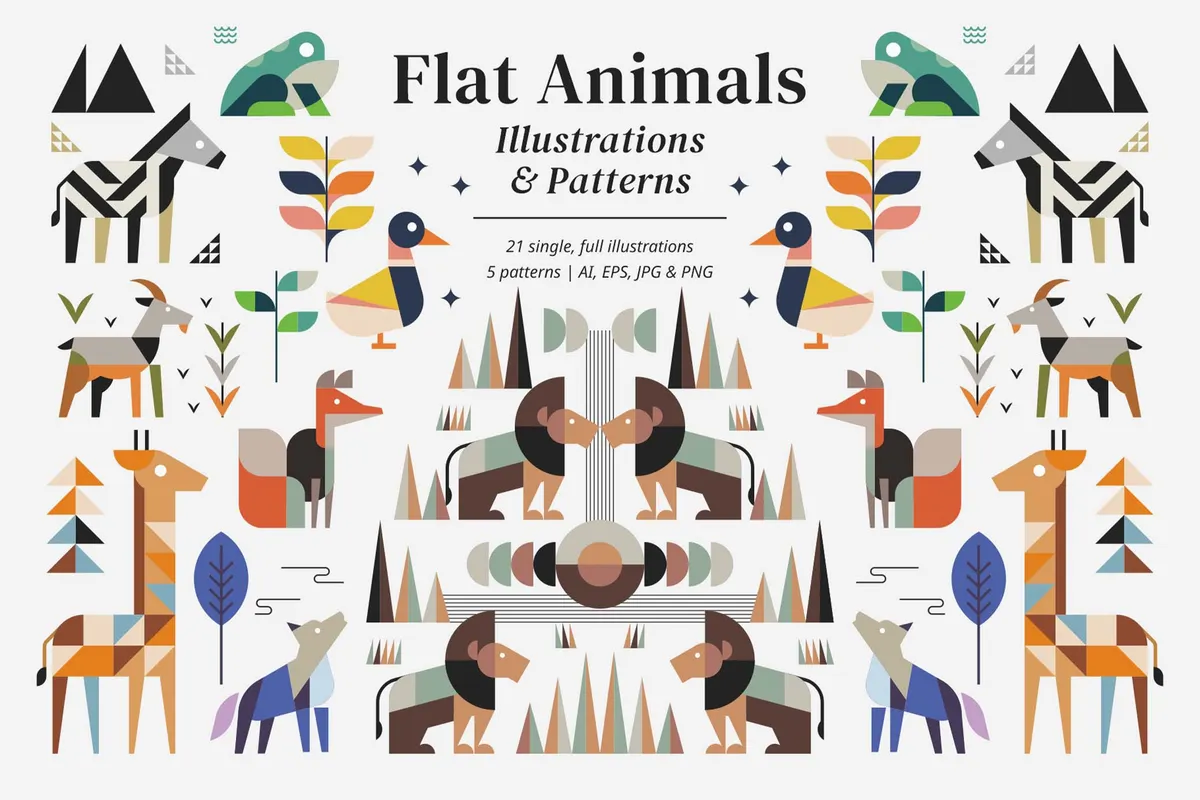 Flat Animals: Illustrations & Patterns