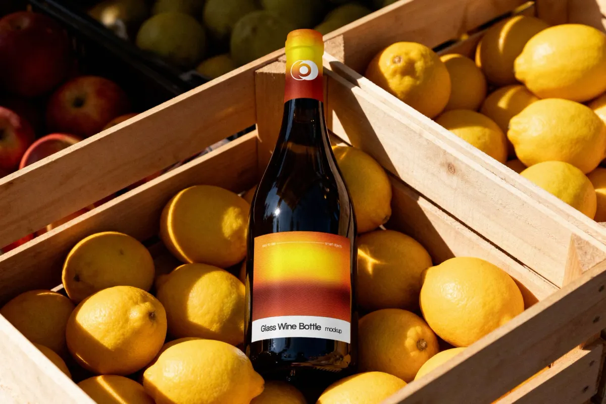 Wine Bottle Mockup on a Fruit Stall