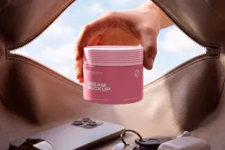 Cosmetic Jar Mockup in Leather Bag