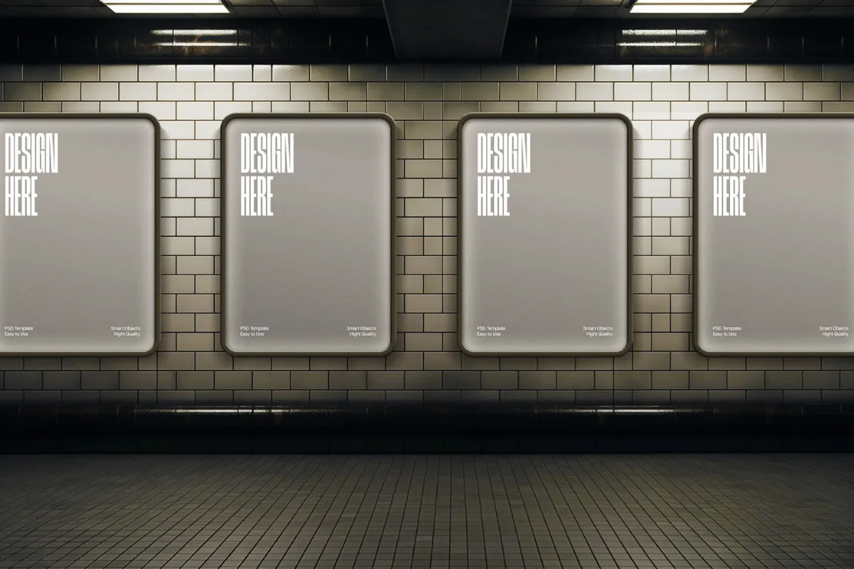 Lightbox Posters Mockup on Glossy Dark Tiles