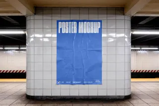 Subway Poster Mockup on Tiled Column