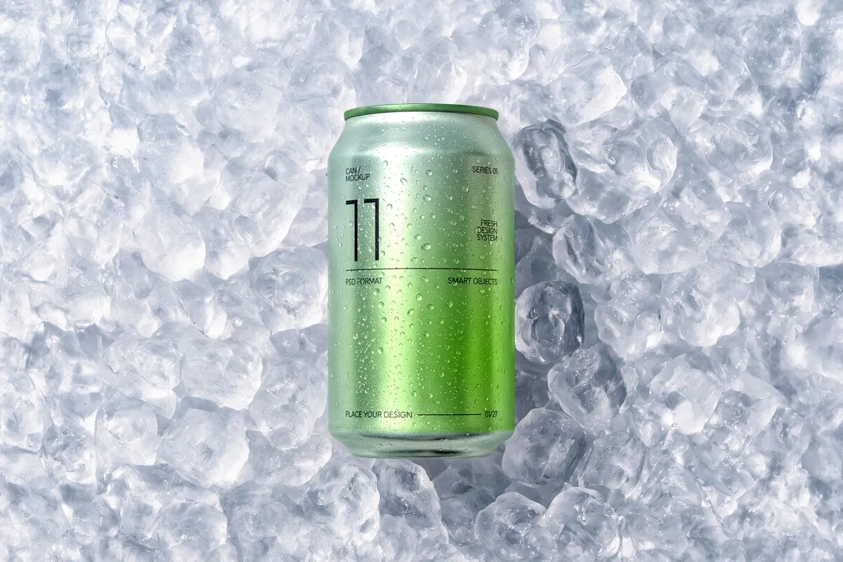Soda Can Mockup in Ice Cubes