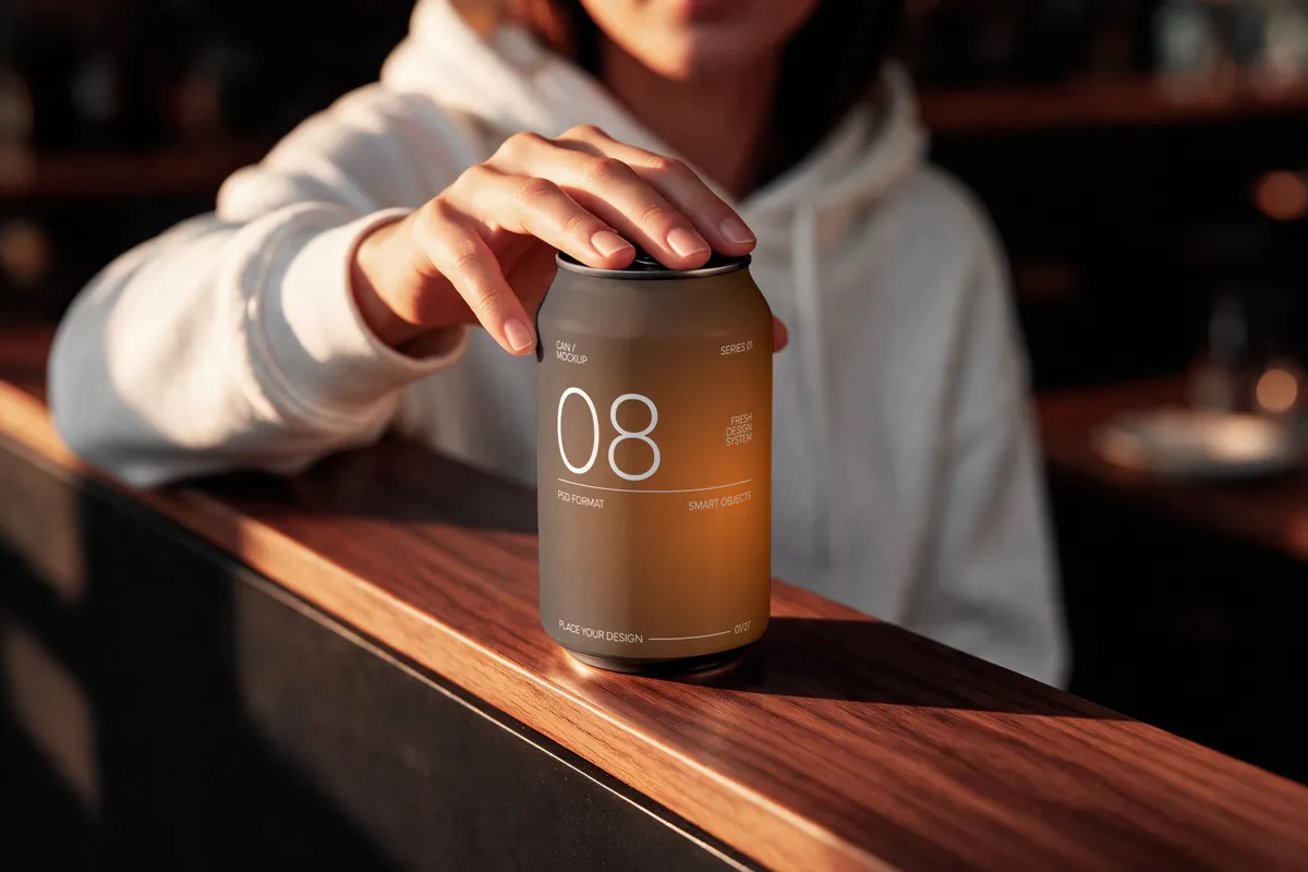 Drink Can Mockup on Bar Counter
