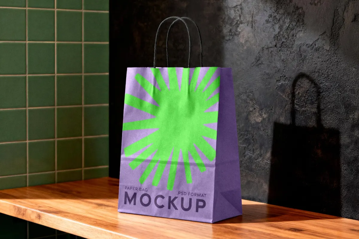 Kraft Paper Bag Mockup on Wooden Surface