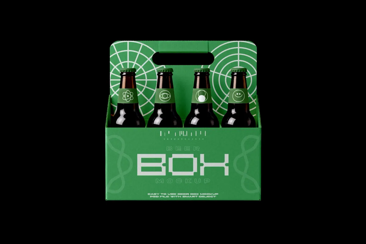 Beer Box Mockup with Four Bottles