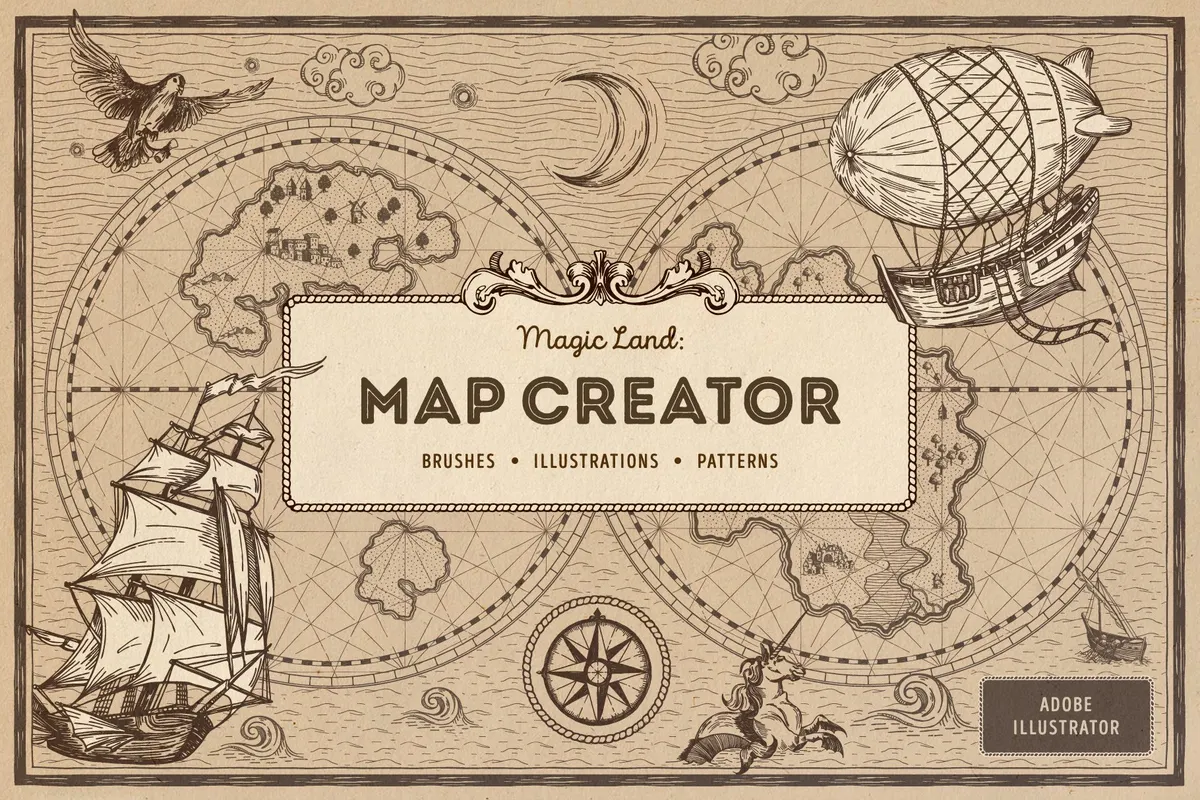 Magic Lands: Vintage Map Creator. Illustrator Brushes