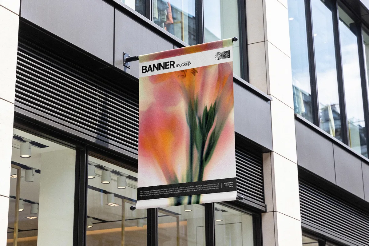 Vertical Banner Mockup on Building Facade