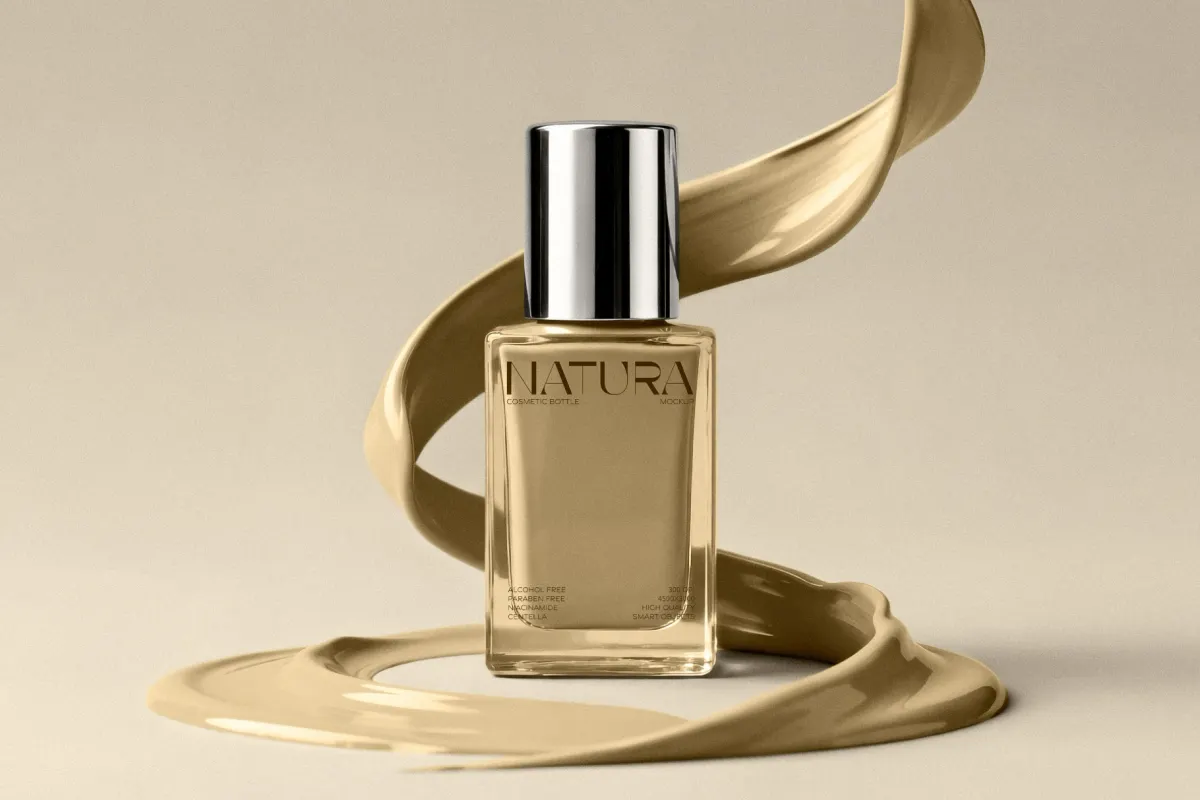 Glass Cosmetic Bottle Mockup with Cream Splash