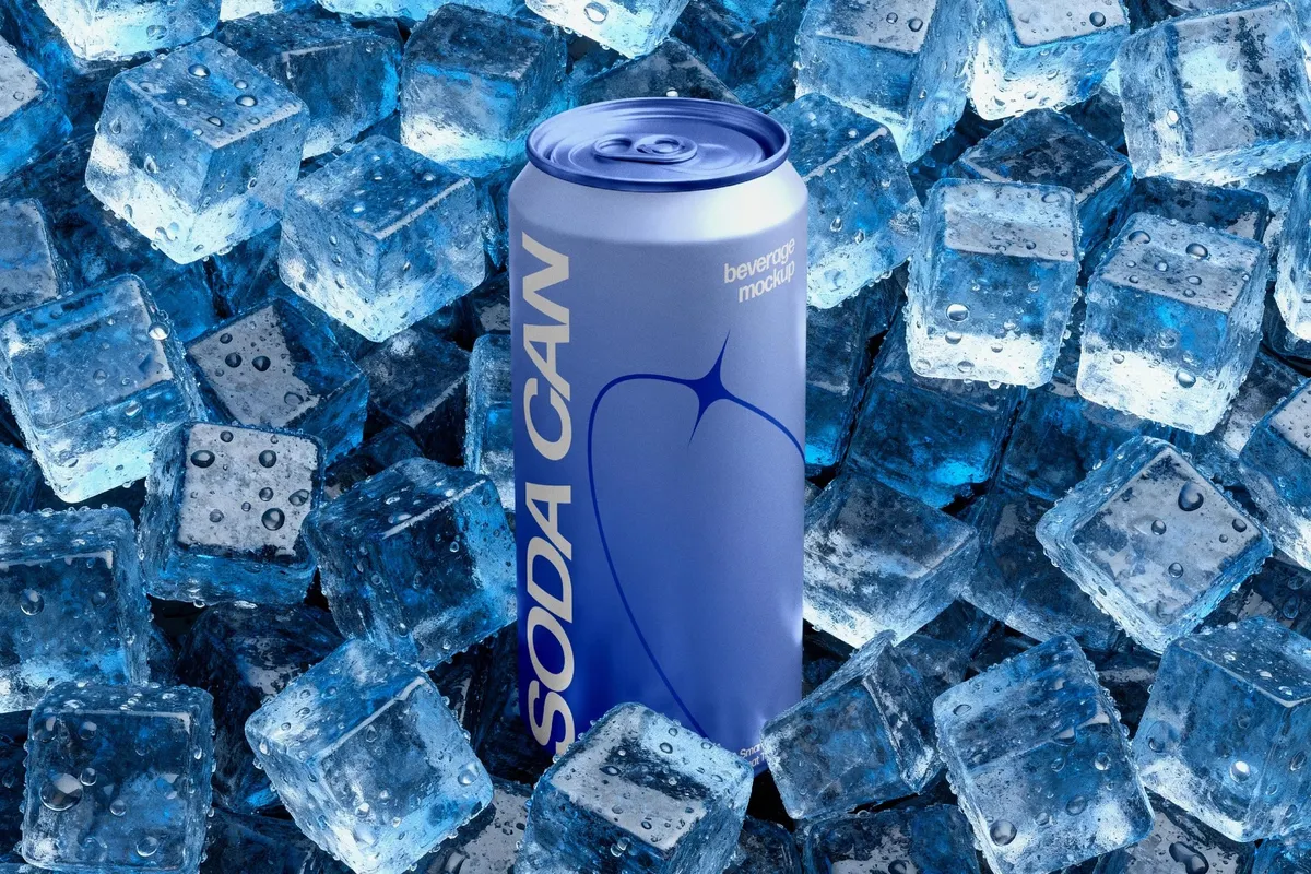 Soda Can Mockup with Ice Cubes