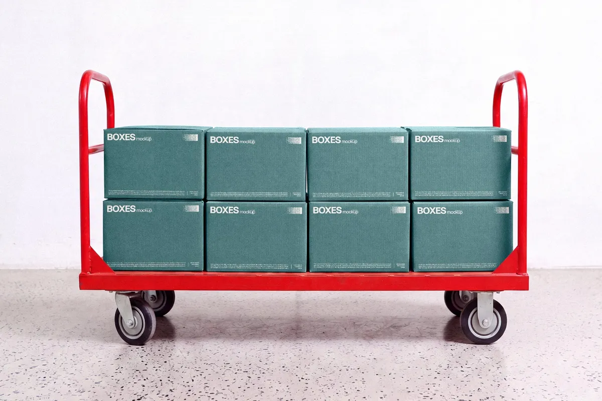 Stacked Boxes Mockup on a Trolley