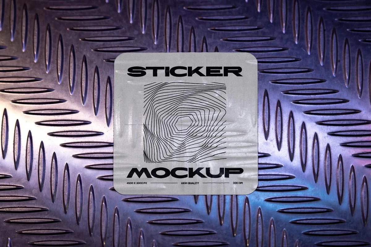 Metal Floor Sticker Mockup on Diamond Plate