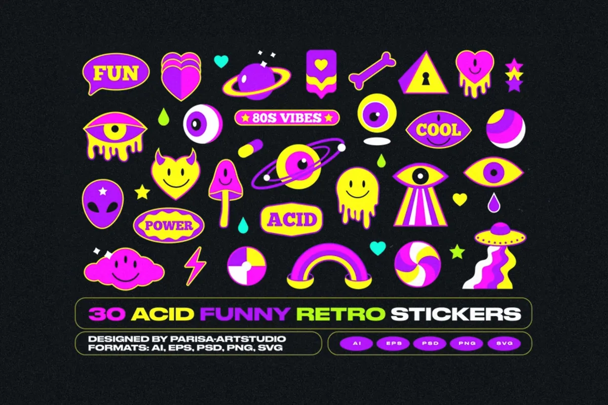 30 Acid Funny Retro Stickers