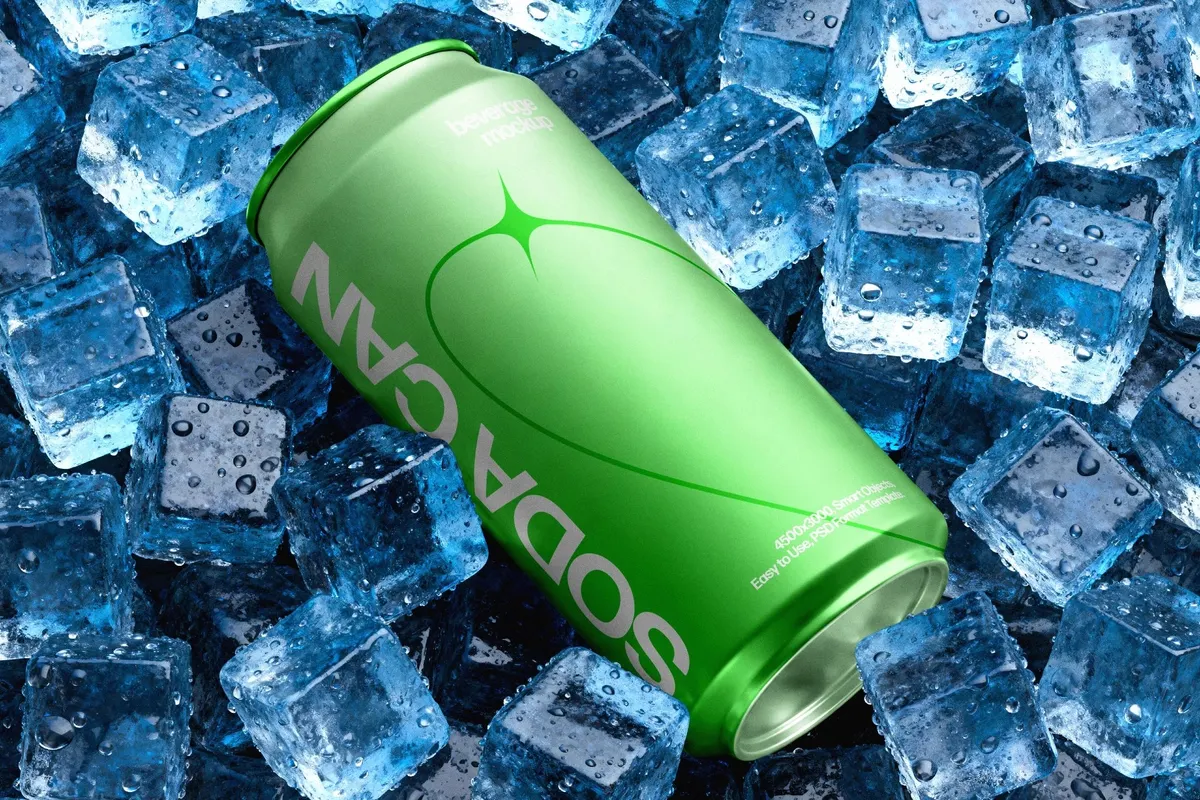 Aluminum Drink Can Mockup on Ice